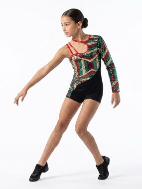 Curtain Call | Asymmetrical Black Biketard with Red Green Gold Sequin, CLA